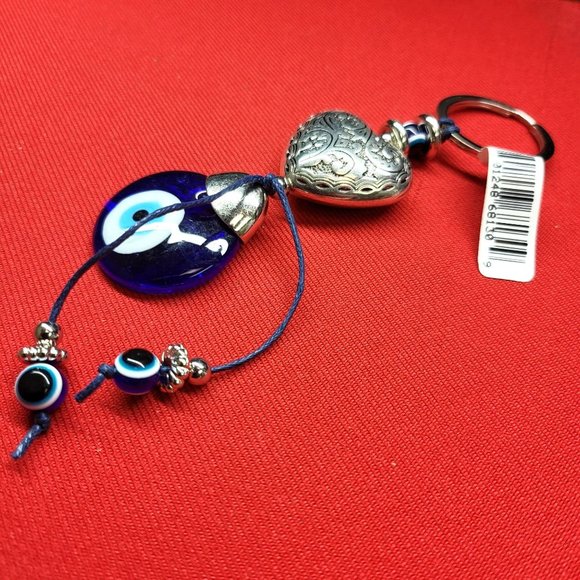 Keychain Key Ring Blue Glass Evil Eye Puffy Heart Silver Tone Metal Etched - Picture 6 of 11